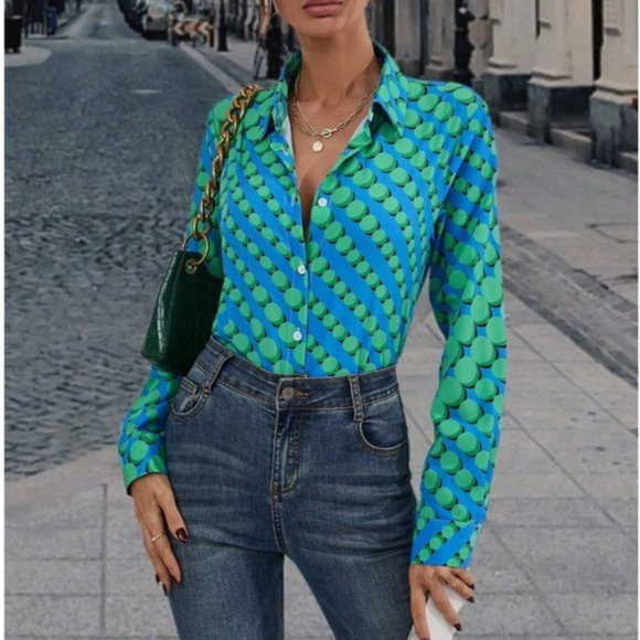 Tops - Blue/Green Geometric Print Button Down Shirt 50% OFF